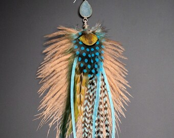 Boucle d'Oreille Plumes Naturelles et Pierre semi-précieuse, Argent 925, Plume d'Autruche...