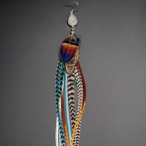 Boucle d&#39;Oreille en Plumes Naturelles et Pierre semi-précieuse de Druzy Quartz, Sertissage Argent 925, Plume de coq Léon et plume de Faisan