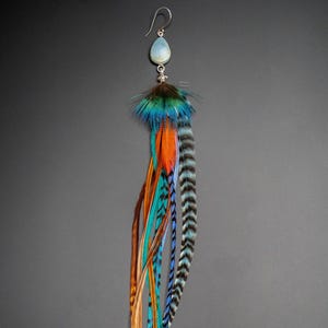 Boucle d&#39;Oreille en Plumes Naturelles et Pierre semi-précieuse de Druzy Quartz, Sertissage Argent 925, Plume de coq Léon et plume de Faisan