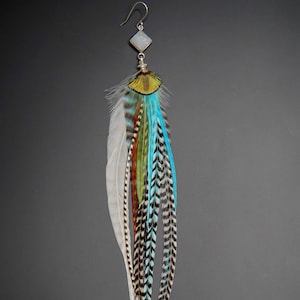 Boucle d&#39;Oreille en Plumes Naturelles et Pierre semi-précieuse de Druzy Quartz, Sertissage Argent 925, Plume de coq Léon et plume de Paon