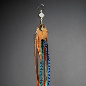 Boucle d&#39;Oreille en Plumes Naturelles et Pierre semi-précieuse de Druzy Quartz, Sertissage Argent 925, Plume de coq Léon et plume de Faisan