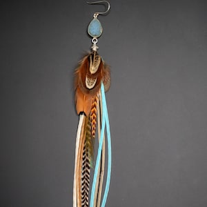 Boucle d&#39;Oreille en Plumes Naturelles et Pierre semi-précieuse de Druzy Quartz, Sertissage Argent 925, Plume de coq Léon et plume de Faisan