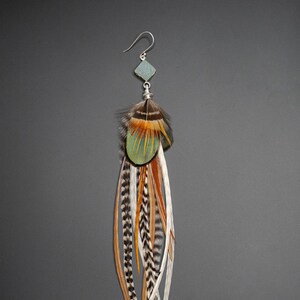 Boucle d&#39;Oreille en Plumes Naturelles et Pierre semi-précieuse de Druzy Quartz, Sertissage Argent 925, Plume de coq Léon et plume de Faisan