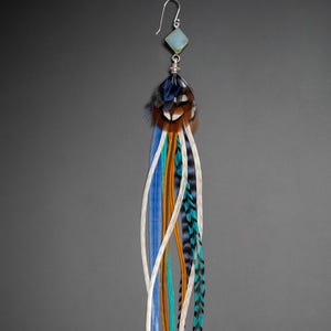 Boucle d&#39;Oreille en Plumes Naturelles et Pierre semi-précieuse de Druzy Quartz, Sertissage Argent 925, Plume de coq Léon et plume de Faisan