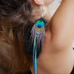 Boucle d&#39;Oreille en Plumes Naturelles et Pierre semi-précieuse de Druzy Quartz, Sertissage Argent 925, Plume d&#39;Autruche, Faisan, Coq Léon...