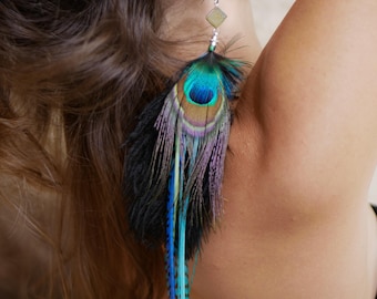 Boucle d'Oreille Plumes Naturelles, Pierre semi-précieuse, Argent 925, Plume d'Autruche...