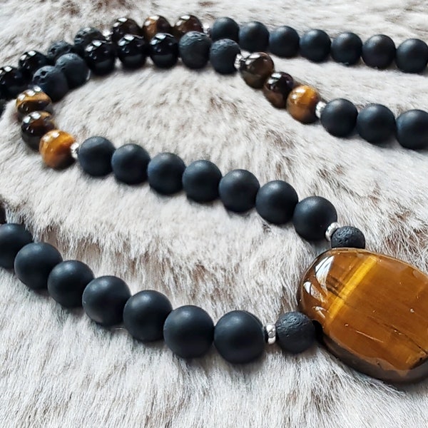 Collier œil de tigre, pietre d'Onyx e pietre di Lave, pezzo unico