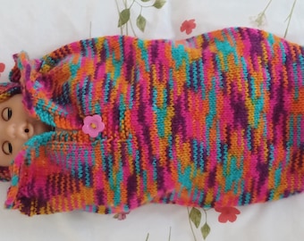 Doll Cocoon Sleep Bag And Hat Hand Knitted In A Multi Coloured Yarn