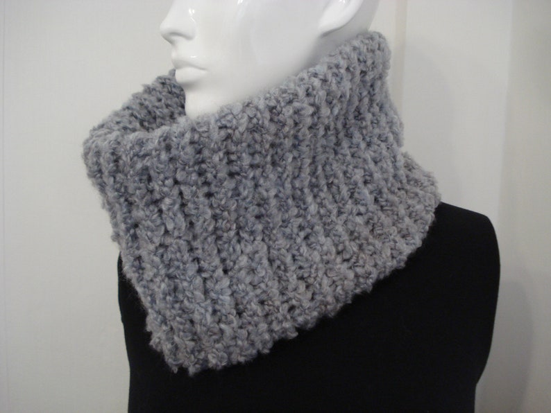 Hand Knitted In Poodle Yarn Grey Neck Warmer Cowl Great Gift image 2