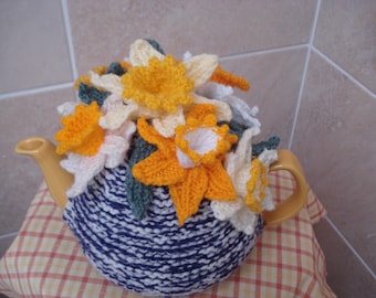 Knitted 4-6 Cup Tea Cosy With A Bunch Crochet Spring Daffodils On Top