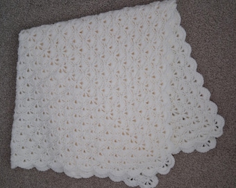 Hand Crochet Cream Baby Blanket Shawl In A Shell Pattern