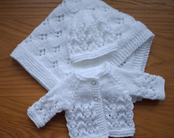 Doll Set Blanket Hat And Jacket Hand Knitted White Yarn