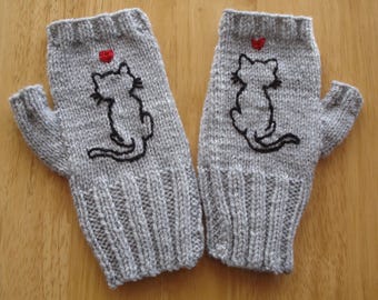 Hand Knitted Silver Grey Gloves Embroidered With A Black Cat