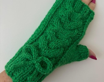 Knitted Sparkly Green Fingerless Gloves With Cable And Bow