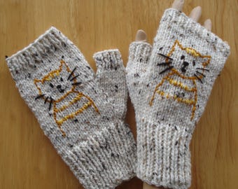 Hand Knitted Fingerless Aran Gloves With Hand Embroidered Ginger Cat