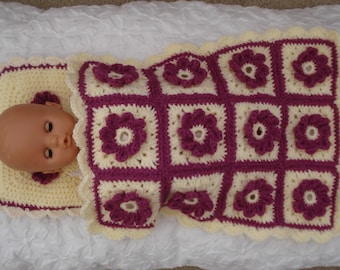 Granny Square Crochet Dolls Blanket And Pillow Set Cream And Pink