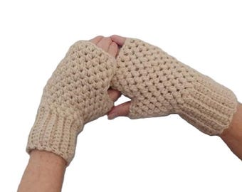 Crochet Fingerless Gloves: Cream Alpaca Blend Yarn