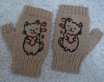 Hand Knitted Peach Terracotta Fingerless Gloves With Hand Embroidered Cat And Hearts