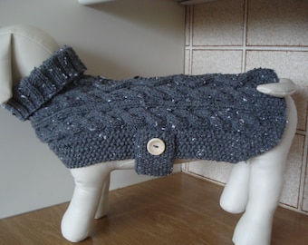 Hand Knitted Small Or Medium Dog Coat In A Dark Grey With White Flecks Aran Yarn