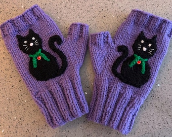 Dark Purple Fingerless Gloves With Black Cat