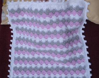 Hand Crochet Blanket in Silver Grey, Pink and White Diamond