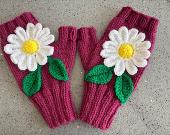 Hand Knitted Dark Pink Gloves With Large Crochet Daisies And Green Leaves