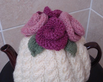 Hand Knitted Cream Cable With Roses And Leaves 4-6 Cup Tea Cosy