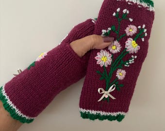 Hand Knitted and Embroidered Dark Pink Gloves With Pale Pink Flowers Small To Medium