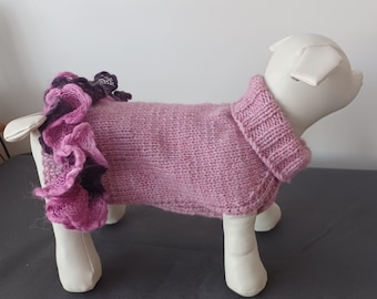 Small Pink Aran Dog Coat Jumper With A Pink Frill