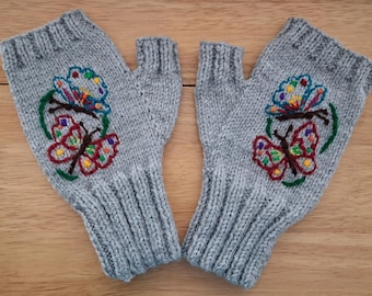 All Hand Made Grey Gloves With Hand Embroidered Butterflies