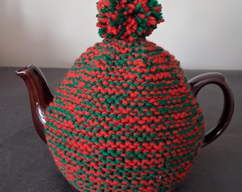 Small Tea Cosy Hand Knitted In Christmas Red And Green Yarn
