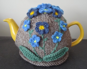 Tea Cosy With Crochet Forget Me Nots Size 4-6 Cup