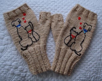 Knitted Terracotta Fingerless Gloves With Embroidered Dog And Cat
