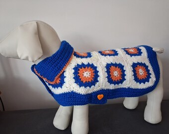 Crochet Squares Dog Coat Blue And Orange With Button Up Front