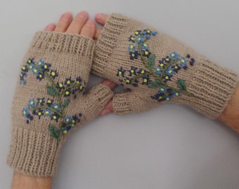 Terracotta Colour Gloves With Embroidered Forget Me Knots Small To Medium
