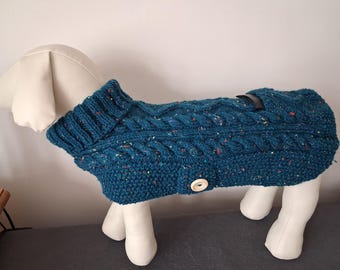 Teal Medium Dog Coat With Poo Bag Pocket Hand Knitted