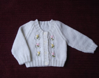 Hand Knitted White Cardigan Jacket With Embroidered Pink And Lemon Roses 0-3 Months