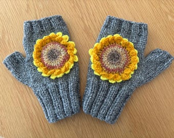 Hand Knitted Grey Fingerless Gloves With Large Crochet Sunflower