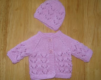 Doll Cardigan And Hat Set Hand Knitted In Lilac Yarn