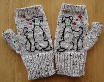 Pair Of Hand Knitted Gloves With Embroidered Dog And Cat