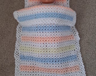 Crochet Doll Bedding Set Mix Of Colours With Daisy Embellishments