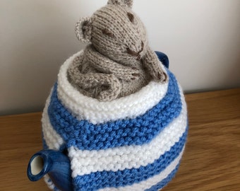 This Little Dormouse Is Just Waking Up For Spring, Tea Cozy, Cosy with Blue and White Stripes