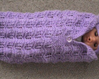 Doll Cocoon Sleep Bag And Hat Hand Knitted In A Pretty Pattern With Lilac Yarn
