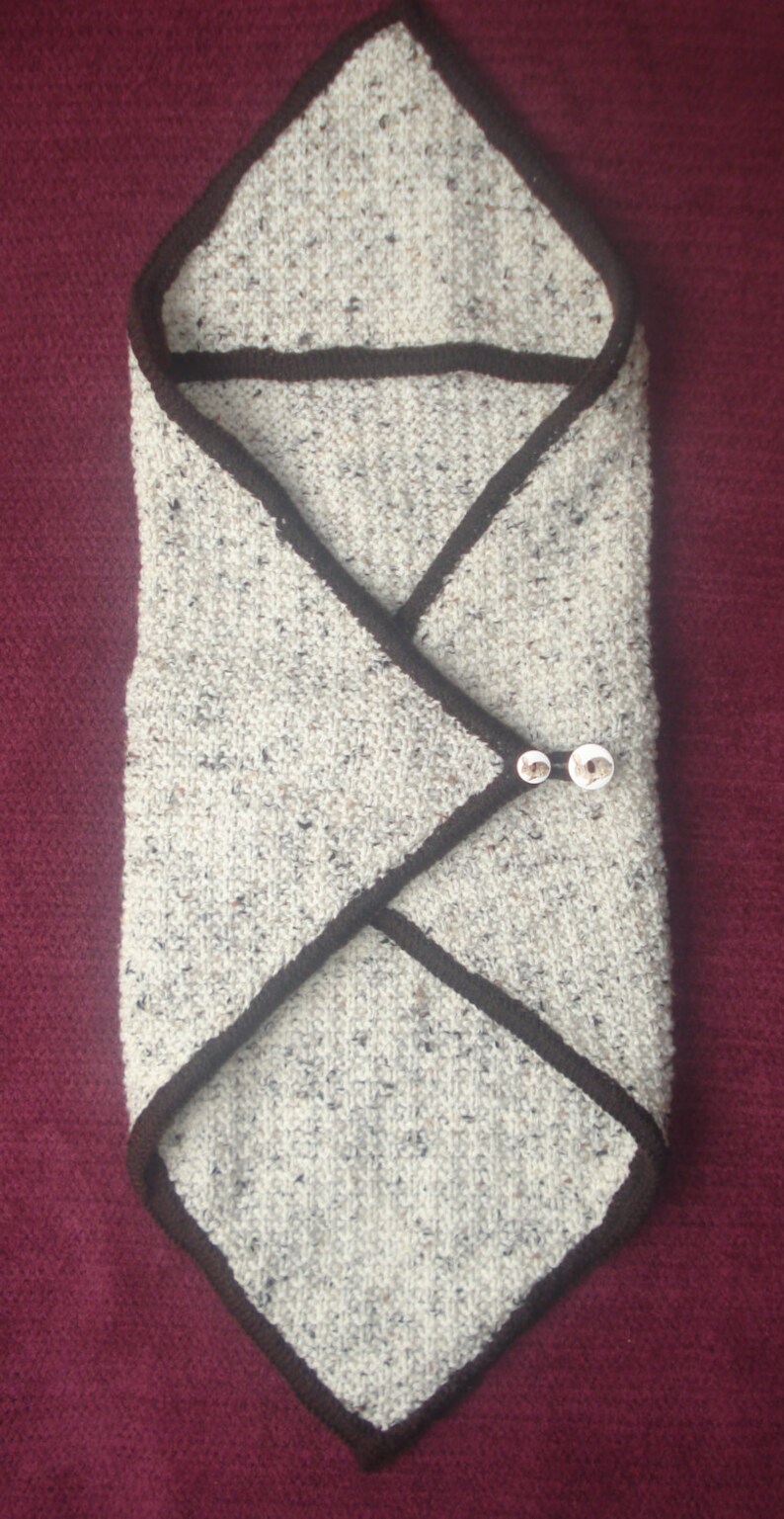 Blanket for Baby Aran Oatmeal Yarn and Brown Trim Wrap Around Cocoon Swaddling