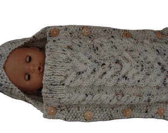Knitted Cream Tweed Aran Doll Sleep Bag Cocoon With Wooden Buttons