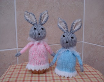 Pair Of Knitted Egg Cosy Bunny Rabbits Ready For Breakfast Pink And Blue