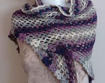 Crochet Wrap Shawl In Purple Blue Grey And Cream
