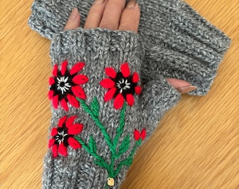 Dark Grey Fingerless Gloves With Embroidered Bright Red Flowers