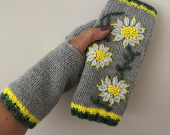 Hand Knitted Grey Gloves Embroidered With White And Bright Yellow Flowers