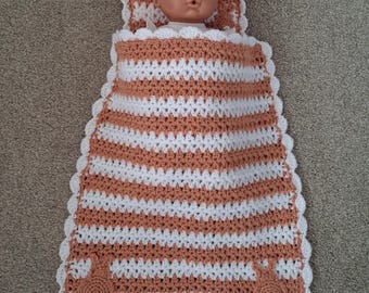 Crochet Set Peach Colour Doll Blanket With Bunny Rabbit Motifs